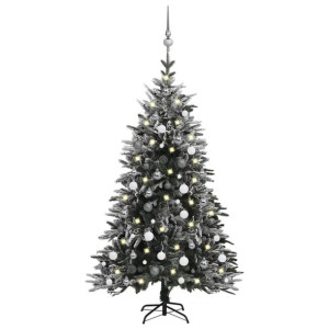 Sztuczna choinka ośnieżona, z LED i bombkami, 150 cm, PVC i PE