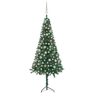 Sztuczna choinka narożna z LED i bombkami, zielona, 150 cm, PVC