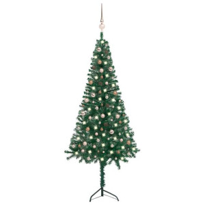 Sztuczna choinka narożna z LED i bombkami, zielona, 240 cm, PVC