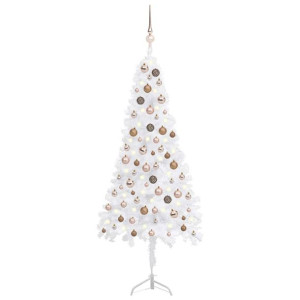 Sztuczna choinka narożna z LED i bombkami, biała, 150 cm, PVC