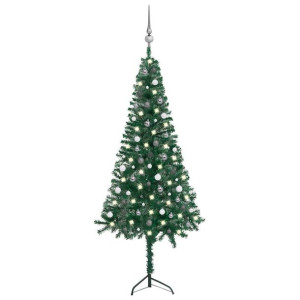 Sztuczna choinka narożna z LED i bombkami, zielona, 240 cm, PVC