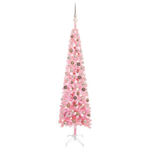 Smukła choinka z lampkami LED i bombkami, różowa, 180 cm