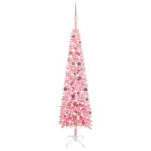 Smukła choinka z lampkami LED i bombkami, różowa, 240 cm