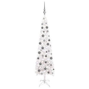 Smukła choinka z lampkami LED i bombkami, biała, 150 cm