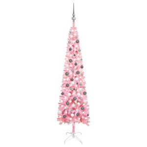 Smukła choinka z lampkami LED i bombkami, różowa, 210 cm