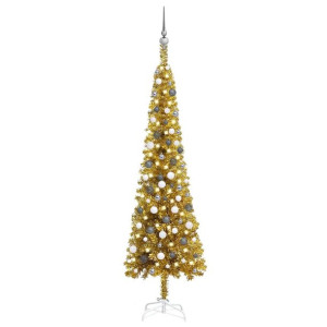 Smukła choinka z lampkami LED i bombkami, złota, 210 cm