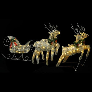 Świąteczna dekoracja, renifery z saniami, 100 diod LED, złota