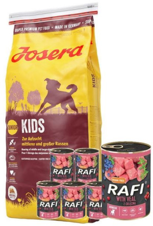 JOSERA Kids 15kg + Rafi junior z cielęciną, żurawiną i borówką 6x400g GRATI