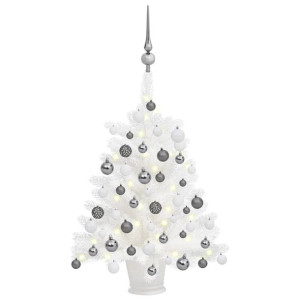 Sztuczna choinka z lampkami LED i bombkami, biała, 65 cm