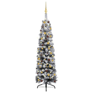 Smukła choinka z lampkami LED i bombkami, zielona, 150 cm