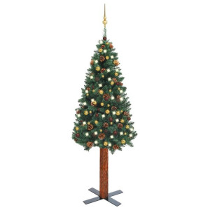 Smukła choinka z lampkami LED i bombkami, zielona, 210 cm