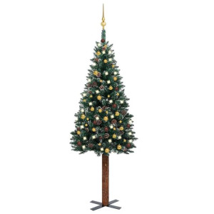 Smukła choinka z lampkami LED i bombkami, zielona, 180 cm