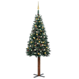 Smukła choinka z lampkami LED i bombkami, zielona, 210 cm