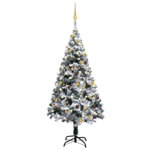 Sztuczna choinka z LED i zestawem bombek, zielona, 150 cm, PVC