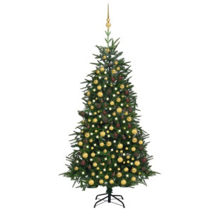 Sztuczna choinka z LED i bombkami, zielona, 210 cm, PVC i PE