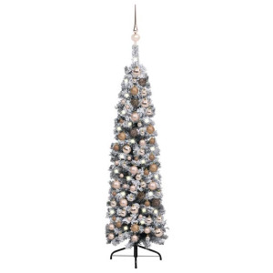 Smukła choinka z lampkami LED i bombkami, zielona, 150 cm