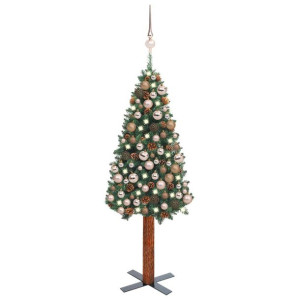 Smukła choinka z lampkami LED i bombkami, zielona, 150 cm, PVC