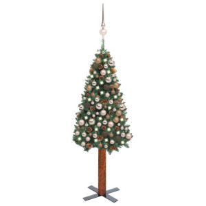 Smukła choinka z lampkami LED i bombkami, zielona, 180 cm, PVC