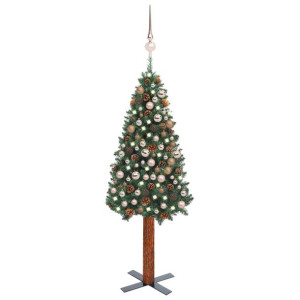 Smukła choinka z lampkami LED i bombkami, zielona, 210 cm, PVC