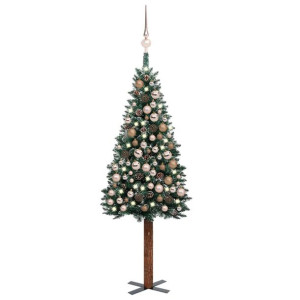 Smukła choinka z lampkami LED i bombkami, zielona, 180 cm