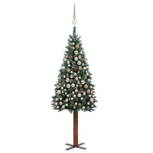 Smukła choinka z lampkami LED i bombkami, zielona, 210 cm