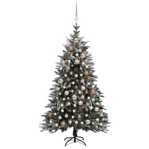 Sztuczna choinka ośnieżona, z LED i bombkami, 150 cm, PVC i PE