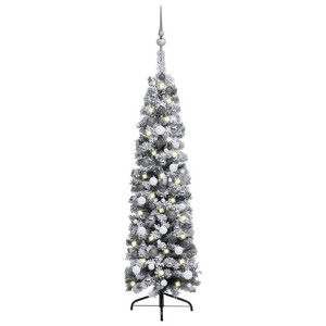 Smukła choinka z lampkami LED i bombkami, zielona, 150 cm