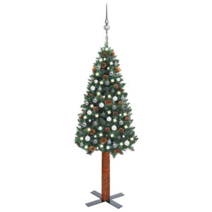 Smukła choinka z lampkami LED i bombkami, zielona, 180 cm, PVC