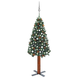 Smukła choinka z lampkami LED i bombkami, zielona, 210 cm, PVC