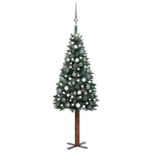 Smukła choinka z lampkami LED i bombkami, zielona, 150 cm