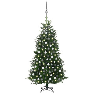 Sztuczna choinka z LED i bombkami, zielona, 210 cm, PVC i PE