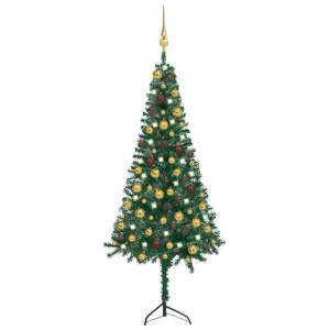 Sztuczna choinka narożna z LED i bombkami, zielona, 120 cm, PVC