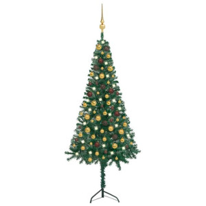 Sztuczna choinka narożna z LED i bombkami, zielona, 150 cm, PVC