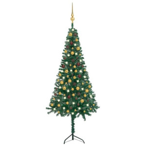 Sztuczna choinka narożna z LED i bombkami, zielona, 180 cm, PVC
