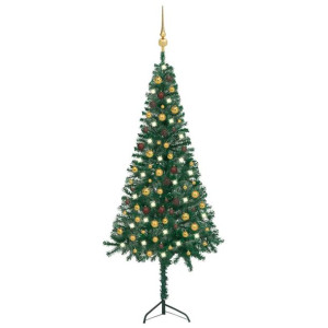 Sztuczna choinka narożna z LED i bombkami, zielona, 210 cm, PVC