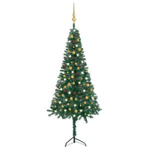 Sztuczna choinka narożna z LED i bombkami, zielona, 240 cm, PVC