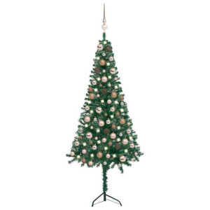 Sztuczna choinka narożna z LED i bombkami, zielona, 120 cm, PVC