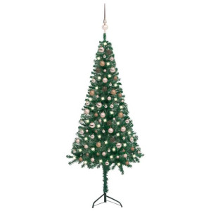 Sztuczna choinka narożna z LED i bombkami, zielona, 180 cm, PVC