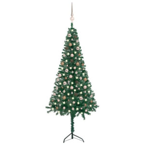 Sztuczna choinka narożna z LED i bombkami, zielona, 210 cm, PVC