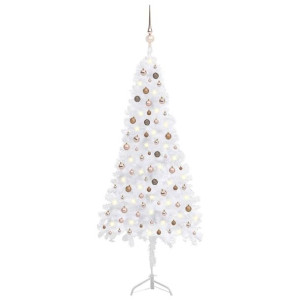 Sztuczna choinka narożna z LED i bombkami, biała, 240 cm, PVC
