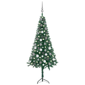 Sztuczna choinka narożna z LED i bombkami, zielona, 120 cm, PVC