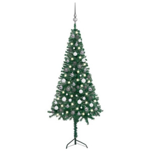 Sztuczna choinka narożna z LED i bombkami, zielona, 150 cm, PVC