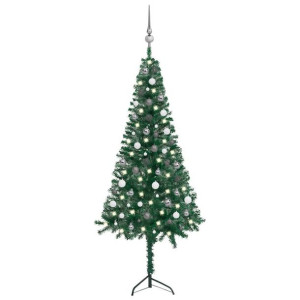 Sztuczna choinka narożna z LED i bombkami, zielona, 180 cm, PVC