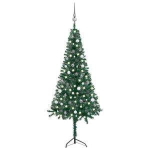 Sztuczna choinka narożna z LED i bombkami, zielona, 210 cm, PVC