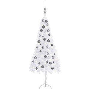 Sztuczna choinka narożna z LED i bombkami, biała, 120 cm, PVC