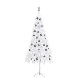 Sztuczna choinka narożna z LED i bombkami, biała, 150 cm, PVC