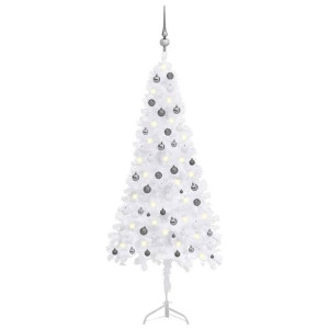 Sztuczna choinka narożna z LED i bombkami, biała, 210 cm, PVC