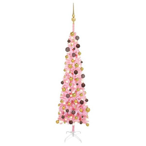 Smukła choinka z lampkami LED i bombkami, różowa, 150 cm