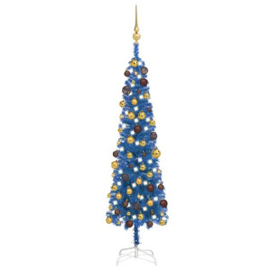 Smukła choinka z lampkami LED i bombkami, niebieska, 120 cm