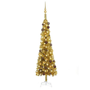 Smukła choinka z lampkami LED i bombkami, złota, 150 cm